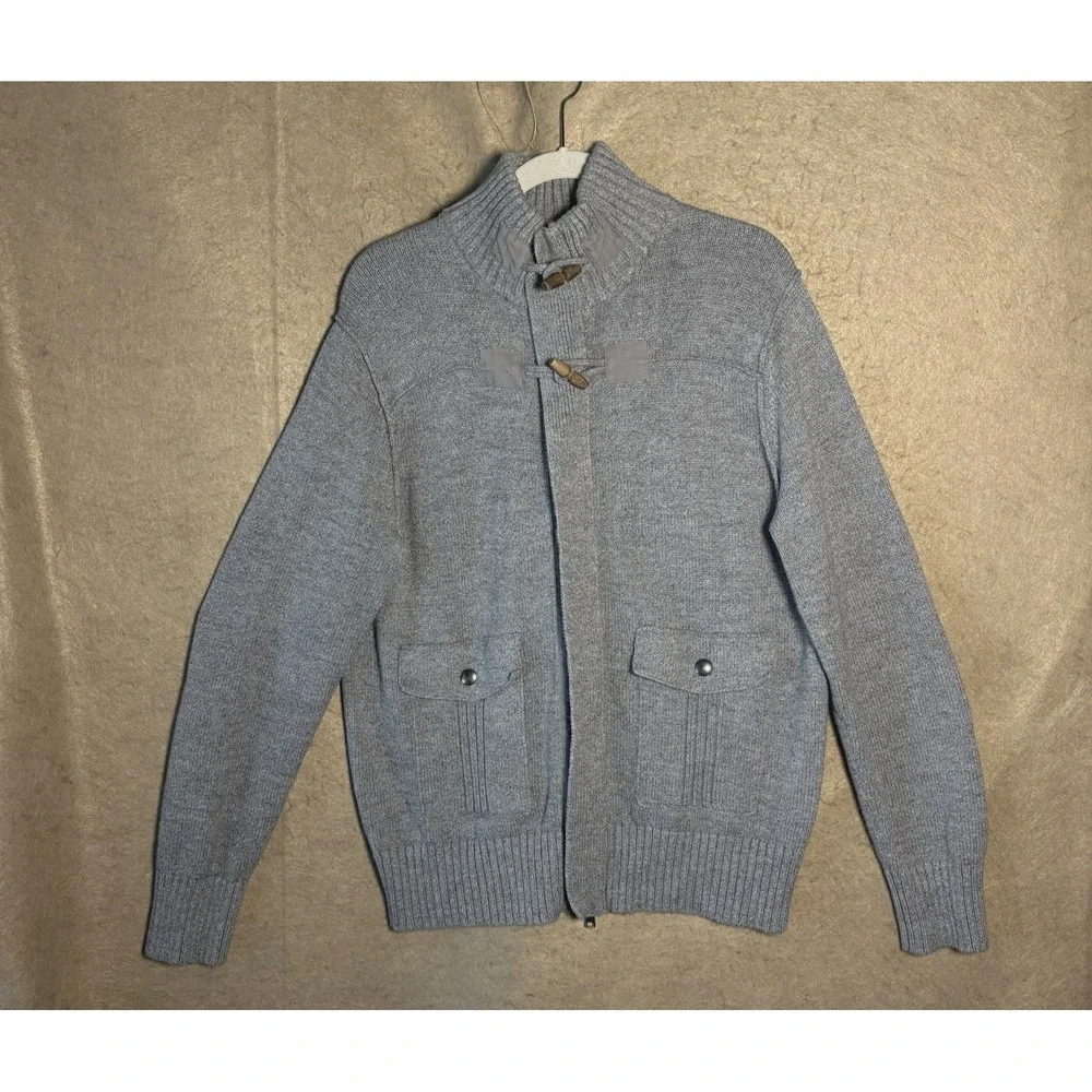 Banana Republic Cardigan Sweater‎ Mens Sz L Gray Full Zip Toggle Buttons Pockets